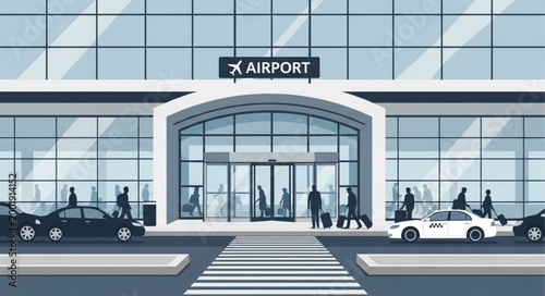 Modern Airport Entrance with Glass Facade and Travelers.
