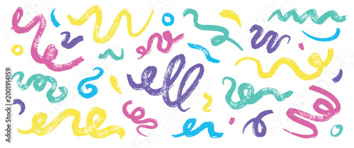 Crayon squiggles. Curly line, colorful squiggle pencil squiggly brush stroke curve wave bold thick rough abstract texture hand drawn doodle scribble qualitative vector illustration