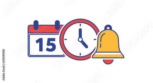 calendar clock bell icons in colorful flat design