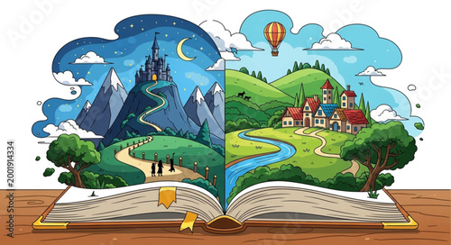Tableau sur toile Open Book with Fantasy Landscape Illustrations.