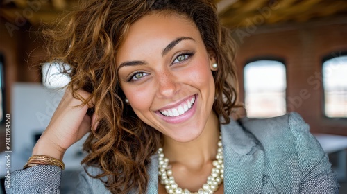 A vibrant young adult woman with striking green eyes and voluminous curly brown hair smiles genuinely