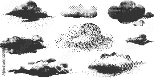 Set of vintage halftone stippled clouds vector illustration in black and white retro comic book style design.