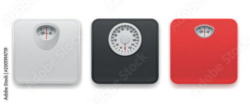 Realistic bathroom scales. 3d floor analogue scale, weight balance body mass loss diet control device top view white red black color fat obesity set garish vector illustration