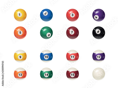 Realistic billiard balls. 3d snooker ball pool, cue gambling game rack isolated ball eight five number black white green blue red color round spheres exact vector illustration