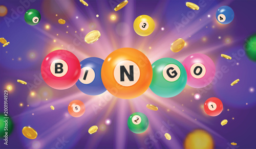 Bingo balls banner. Lottery number ball fly effect, online casino game or lotto billiard wanner poster falling balls lucky gambling bonus money prize exact vector illustration