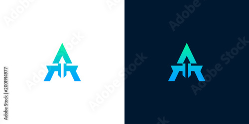 Modern letter A logo with upward arrows and gradient colors, representing growth, progress, and success in business and technology