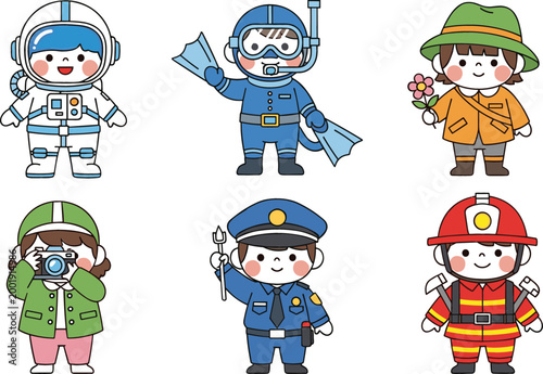 Kids in different professions set children dressed as astronaut diver gardener photographer police officer and firefighter cartoon vector illustration collection