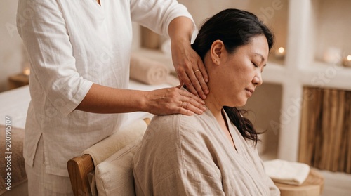 An individual experience the serenity of spa session in tranquil surrounding. Focusing on the calming and soothing effect of massage.