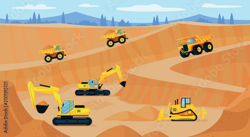 Quarry machinery. Mine coal extraction industry, excavator truck digger heavy equipment open pit site sand stone rock dump construction production qualitative vector illustration