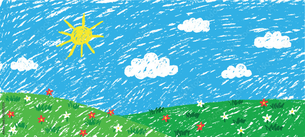 Naklejka premium Crayon landscape. Kid pastel hand drawn, sky cloud grass field hill green meadow nature spring summer garden flower plant children painting scene qualitative vector illustration