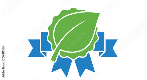 eco badge with green leaf and blue ribbon