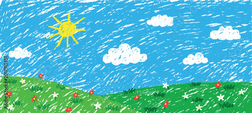 Crayon landscape. Kid pastel hand drawn, sky cloud grass field hill green meadow nature spring summer garden flower plant children painting scene qualitative vector illustration
