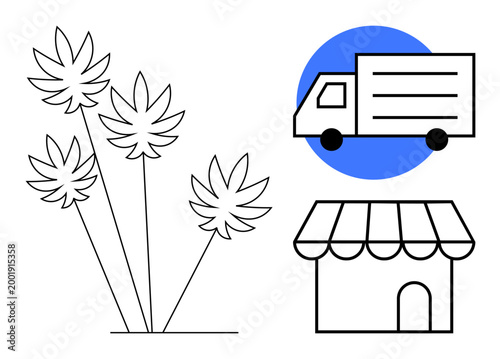 Cannabis retail, delivery services, e-commerce, agriculture, sustainable business, medical cannabis. Cannabis leaves, a delivery truck and a storefront icon. Cannabis retail and delivery services