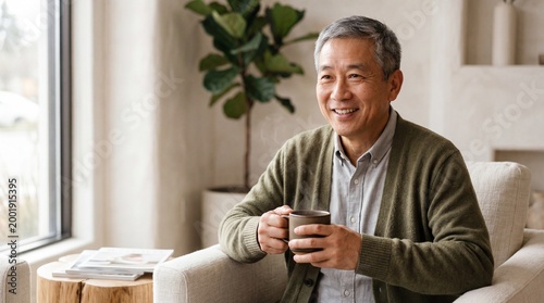 A serene senior man in cardigan enjoys a cup of coffee while gazing contentedly out of the window, bathed in the soft glow of natural light.