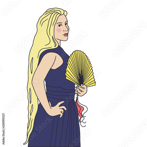 Art nouveau or deco style beautiful long blond hair woman with fan