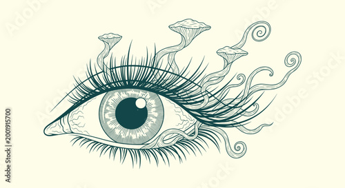 Psychedelic Eye Graphic with Mushrooms and Swirling Vines Line Drawing for Spiritual and Occult Art