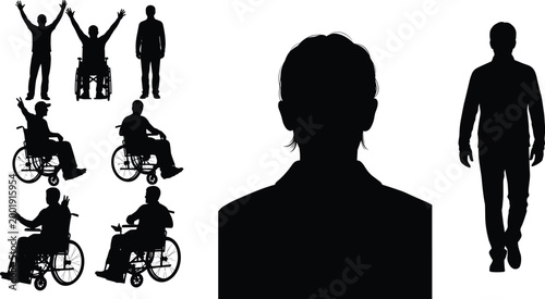 Schilderij op canvas Set of wheelchair users and standing people silhouettes representing disability