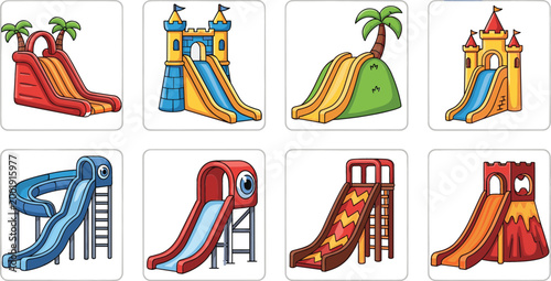 Kids playground slides set colorful park equipment including spiral castle volcano and wave slides fun outdoor activity vector illustration collection