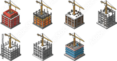 Construction site buildings with tower cranes set urban development process stages unfinished structures and architecture progress isometric vector illustration collection