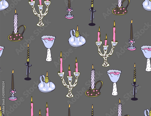 Seamless pattern with colorful candles and candlesticks.