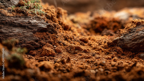 Macro photo of soil texture, rich earth tones, organic pattern, detailed natural background