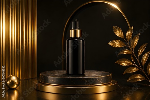 Elegant black cosmetic bottle on marble pedestal with golden accents