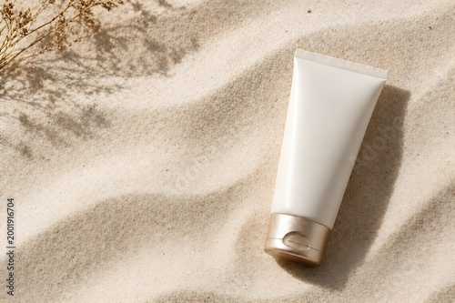 Minimalist skincare product on textured sand background with natural light