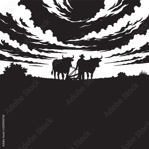 black and white silhouette of farmer guiding oxen