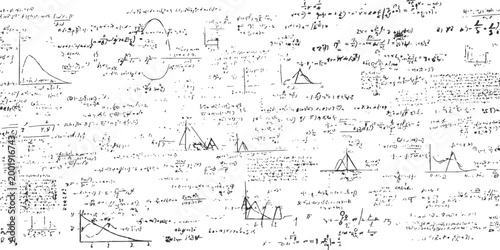 Complex handwritten mathematical equations and scientific formulas in seamless abstract background pattern vector illustration.