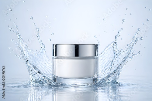 Cosmetic cream jar with water splash on reflective surface