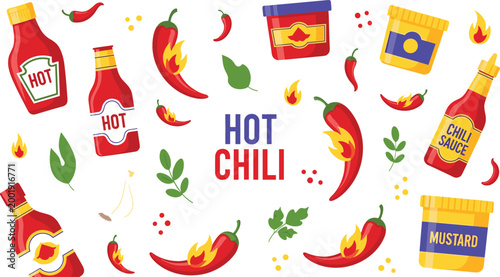 Hot chili pepper and spicy sauce set with ketchup mustard bottles flames herbs and seasoning elements colorful food vector illustration collection