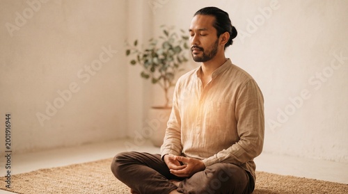A tranquil man in a meditative state, achieving inner peace and mindfulness, radiating a sense of zen-like calm, amidst a serene ambiance.
