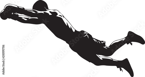 Athletic goalkeeper silhouette diving for save, soccer goalie jumping in mid-air vector, black and white sports player action graphic