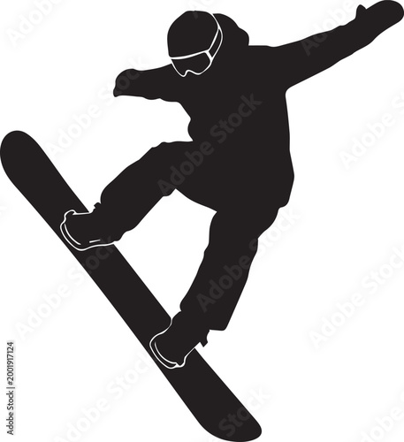 Snowboarder silhouette jumping in mid-air, extreme winter sports athlete performing a trick, black vector snowboarder icon on white background