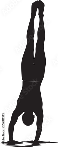 Athletic male silhouette performing a handstand, gymnast doing a vertical hand balance vector, fitness man in inverted yoga pose