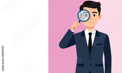 A businessman carefully examining something with a magnifying glass detailed illustration