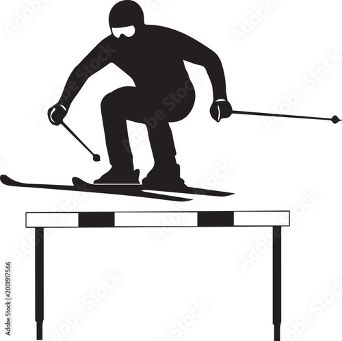 Skier jumping over hurdle silhouette vector, winter sports athlete performing extreme stunt, downhill skiing action figure icon on white background