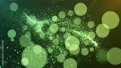 A mesmerizing abstract background features a blurred composition of vibrant green and golden bokeh circles, creating a luminous and ethereal atmosphere.