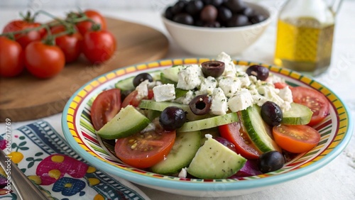 A fresh healthy Greek salad with feta cheese and olives makes a colorful vegetarian dish featuring red tomatoes, green cucumbers, and onions served in a bowl as a perfect appetizer or lunch
