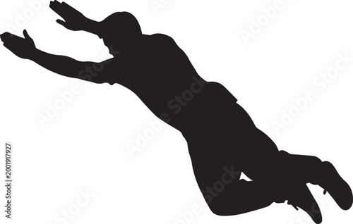 Athletic man diving silhouette vector, male figure jumping in mid-air, person falling or flying motion graphic, active human body shape isolated on white