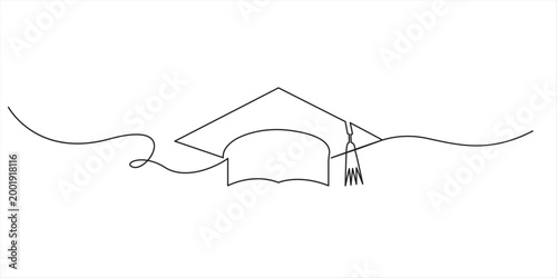Minimal one line drawing of graduation cap with tassel, continuous line art vector illustration Single continuous line art graduation cap. Celebration ceremony master's degree academy graduate design 