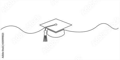 Minimal one line drawing of graduation cap with tassel, continuous line art vector illustration Single continuous line art graduation cap. Celebration ceremony master's degree academy graduate design 