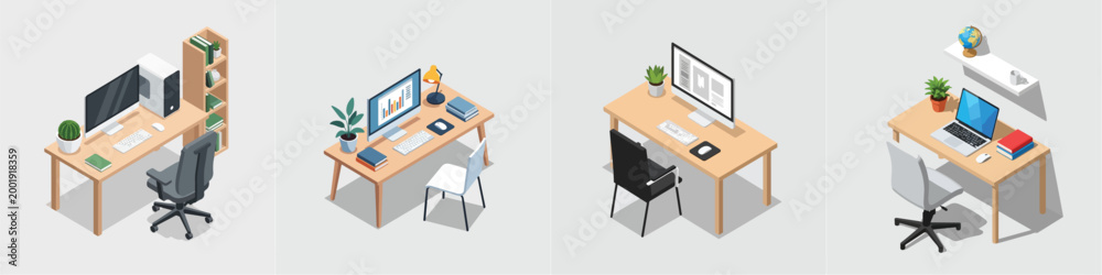 Fototapeta premium Isometric home office setup with a desk, chair, and computer, simple flat vector, white background, no outline