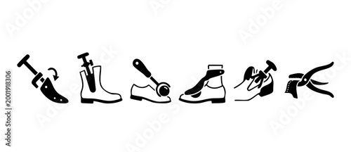 Shoe Repair Tools and Equipment Icon Set - Professional Cobbler Services and Footwear Maintenance Gear for Craftsmanship, Leather Restoration and Boot Stretching Operations on White Background