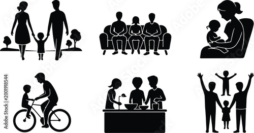 Happy Family Scene Silhouette Icon Collection Set