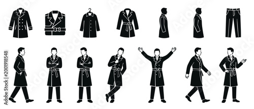 Man Wearing Trench Coat Icons Set - Fashion Clothing Silhouette Collection for Design, Apparel Garment Graphics, Professional Business Casual Style Vector Elements for Infographics, Catalogues and Bra