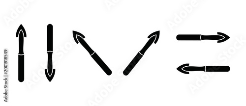 Arrowhead icons set, minimalist black spearhead shapes pointing in different directions for hunting, archery, navigation, and weapon design elements isolated on a clean white background collection vec