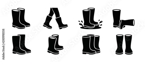 Rubber Boots Icon Set, Rain Wellington Footwear Vector Collection, Waterproof Boot Symbols for Gardening and Farming, Simple Black Silhouette Pictograms for Weather Protection and Outdoor Activity Des