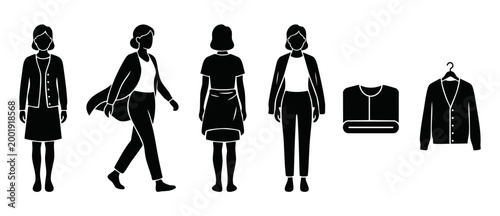 Woman wearing cardigan icons set, flat black vector illustration of casual female outfits, fashion poses and clothing items including folded knitwear and sweater on hanger for apparel design branding.