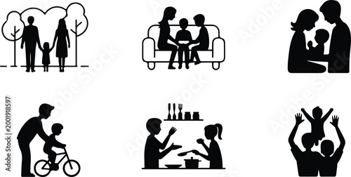 Happy Family Scene Silhouette Icon Collection Set